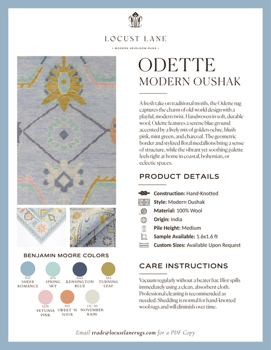 Odette Modern Oushak rug designer specification sheet featuring product details, Benjamin Moore color palette, care instructions, and close-up images of the handcrafted wool rug.