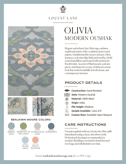 Olivia Modern Oushak rug designer specification sheet featuring product details, Benjamin Moore color palette, care instructions, and close-up images of the handcrafted wool rug.