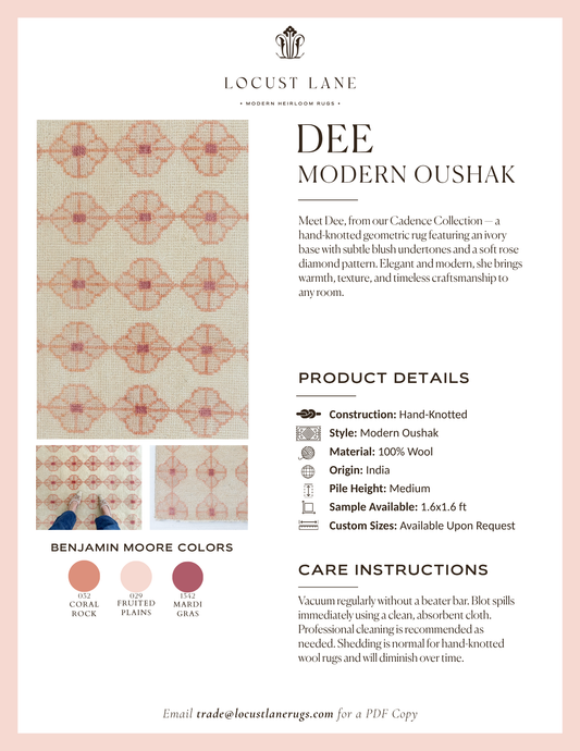 Dee Modern Oushak rug designer specification sheet featuring product details, Benjamin Moore color palette, care instructions, and close-up images of the handcrafted wool rug.