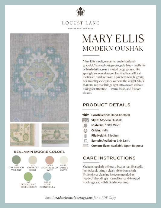 Mary Ellis Modern Oushak rug designer specification sheet featuring product details, Benjamin Moore color palette, care instructions, and close-up images of the handcrafted wool rug.