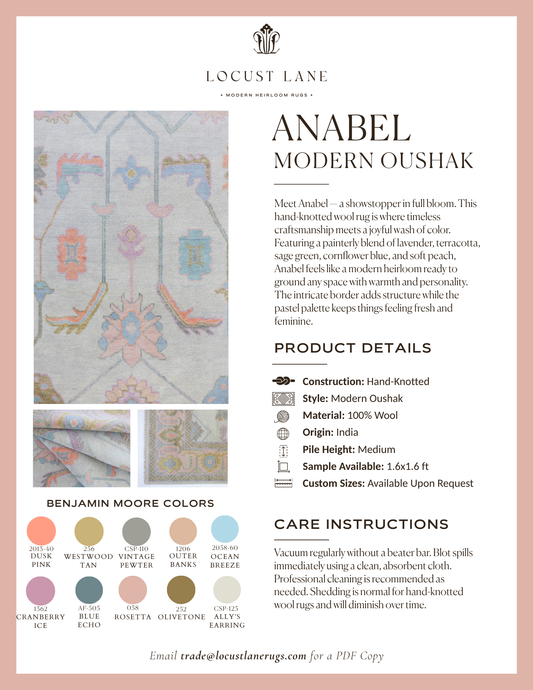 Anabel Modern Oushak rug designer specification sheet featuring product details, Benjamin Moore color palette, care instructions, and close-up images of the handcrafted wool rug.