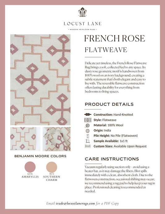 French Rose Flatweave rug designer specification sheet featuring product details, Benjamin Moore color palette, care instructions, and close-up images of the handcrafted wool flatweave rug.