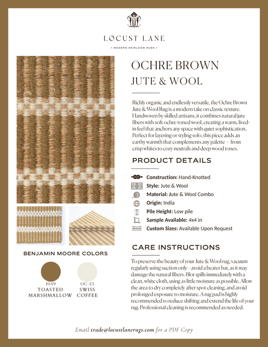 Ochre Brown Jute & Wool rug designer specification sheet featuring product details, Benjamin Moore color palette, care instructions, and close-up images of the handcrafted jute and wool rug.