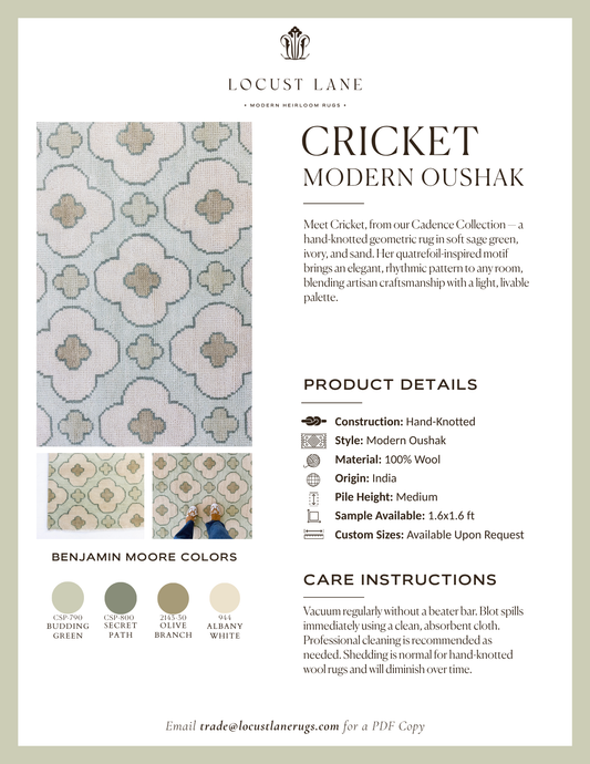 Cricket Modern Oushak rug designer specification sheet featuring product details, Benjamin Moore color palette, care instructions, and close-up images of the handcrafted wool rug.