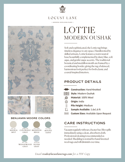 Lottie Modern Oushak rug designer specification sheet featuring product details, Benjamin Moore color palette, care instructions, and close-up images of the handcrafted wool rug.