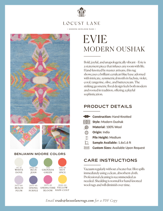 Evie Modern Oushak rug designer specification sheet featuring product details, Benjamin Moore color palette, care instructions, and close-up images of the handcrafted wool rug.