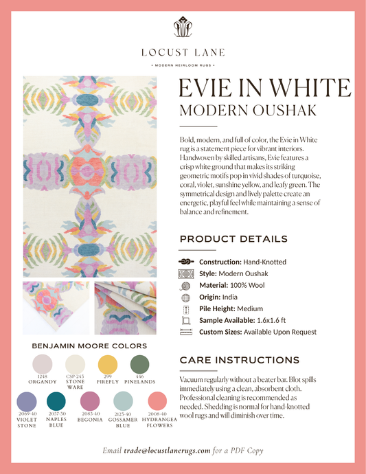 Evie in White Modern Oushak rug designer specification sheet featuring product details, Benjamin Moore color palette, care instructions, and close-up images of the handcrafted wool rug.