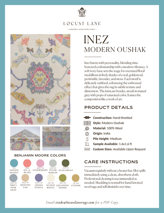 Inez Modern Oushak rug designer specification sheet featuring product details, Benjamin Moore color palette, care instructions, and close-up images of the embossed handcrafted wool rug.