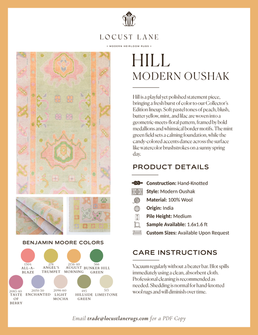 Hill Modern Oushak rug designer specification sheet featuring product details, Benjamin Moore color palette, care instructions, and close-up images of the handcrafted wool rug.