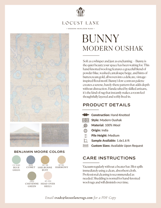 Bunny Modern Oushak rug designer specification sheet featuring product details, Benjamin Moore color palette, care instructions, and close-up images of the handcrafted wool rug.
