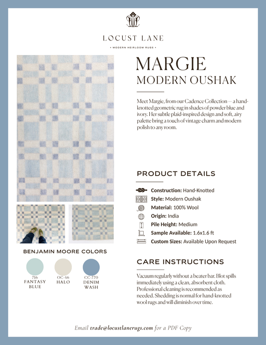 Margie Modern Oushak rug designer specification sheet featuring product details, Benjamin Moore color palette, care instructions, and close-up images of the handcrafted wool rug.