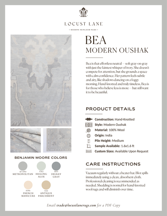 Bea Modern Oushak rug designer specification sheet featuring product details, Benjamin Moore color palette, care instructions, and close-up images of the handcrafted wool rug.
