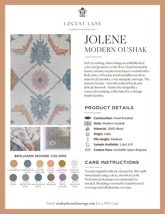 Jolene Modern Oushak rug designer specification sheet featuring product details, Benjamin Moore color palette, care instructions, and close-up images of the handcrafted wool rug.