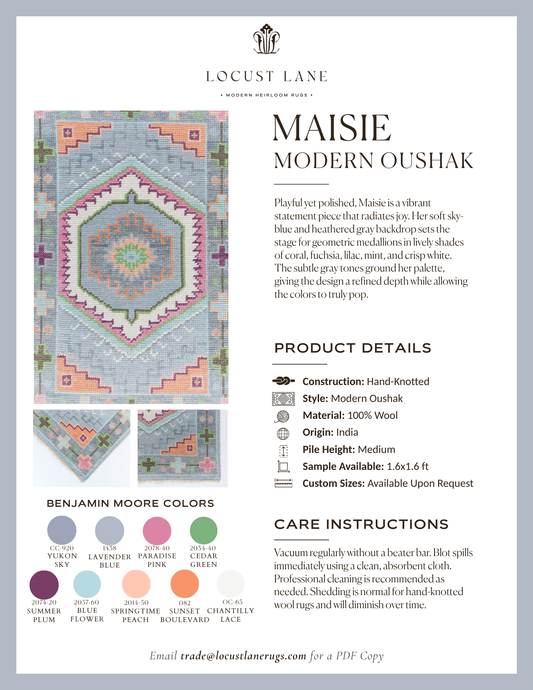 Maisie Modern Oushak rug designer specification sheet featuring product details, Benjamin Moore color palette, care instructions, and close-up images of the handcrafted wool rug.