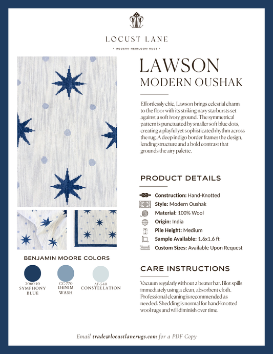 Lawson Modern Oushak rug designer specification sheet featuring product details, Benjamin Moore color palette, care instructions, and close-up images of the handcrafted wool rug.