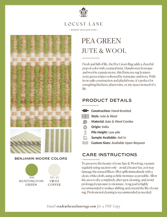 Pea Green Jute & Wool rug designer specification sheet featuring product details, Benjamin Moore color palette, care instructions, and close-up images of the handcrafted jute and wool rug.