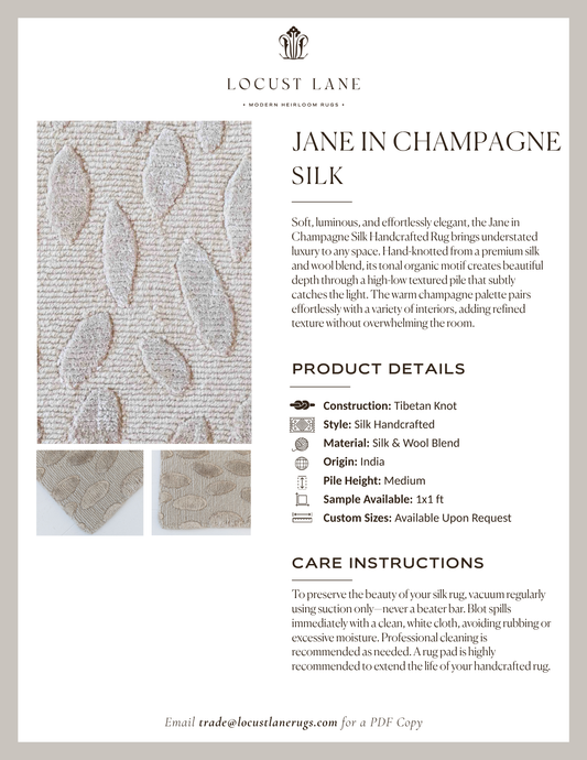 Jane in Champagne Silk rug designer specification sheet featuring product details, care instructions, and close-up images of the handcrafted silk and wool rug.