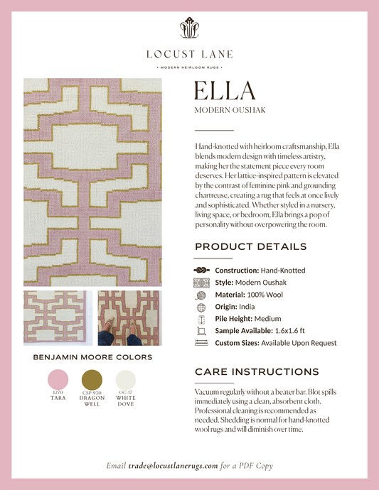 Ella Modern Oushak rug designer specification sheet featuring product details, Benjamin Moore color palette, care instructions, and close-up images of the handcrafted wool rug.