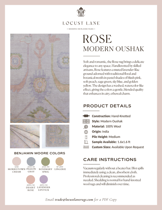 Rose Modern Oushak rug designer specification sheet featuring product details, Benjamin Moore color palette, care instructions, and close-up images of the handcrafted wool rug.