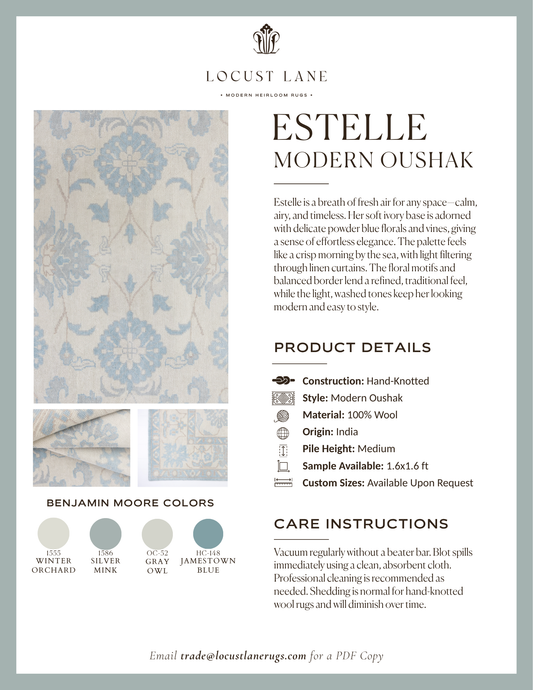 Estelle Modern Oushak rug designer specification sheet featuring product details, Benjamin Moore color palette, care instructions, and close-up images of the handcrafted wool rug
