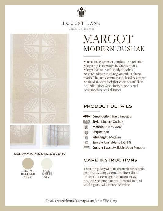 Margot Modern Oushak rug designer specification sheet featuring product details, care instructions, and close-up images of the handcrafted wool rug.
