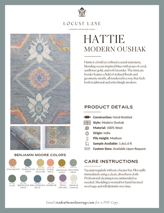 Hattie Modern Oushak rug designer specification sheet featuring product details, Benjamin Moore color palette, care instructions, and close-up images of the handcrafted wool rug.