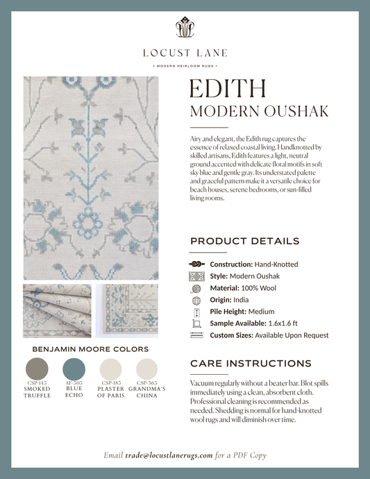 Edith Modern Oushak rug designer specification sheet featuring product details, Benjamin Moore color palette, care instructions, and close-up images of the handcrafted wool rug.