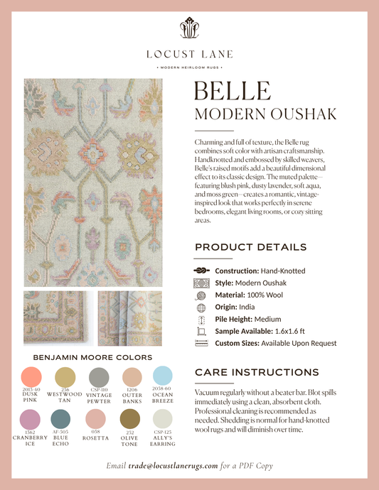 Belle Modern Oushak rug designer specification sheet with product details, Benjamin Moore color inspiration, care instructions, and close-up images.