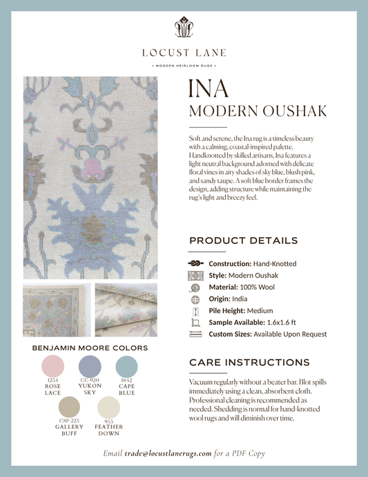 Ina Modern Oushak rug designer specification sheet featuring product details, Benjamin Moore color palette, care instructions, and close-up images of the handcrafted wool rug.