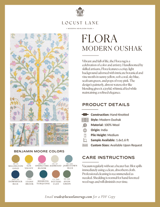 Flora Modern Oushak rug designer specification sheet featuring product details, Benjamin Moore color palette, care instructions, and close-up images of the handcrafted wool rug.