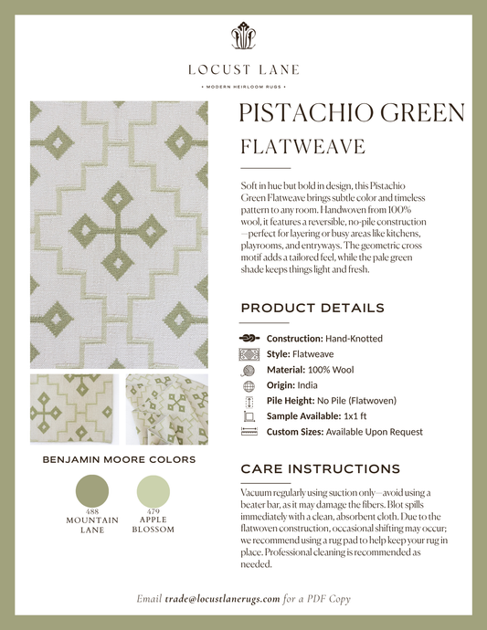 Pistachio Green Flatweave rug designer specification sheet featuring product details, Benjamin Moore color palette, care instructions, and close-up images of the handcrafted wool flatweave rug.