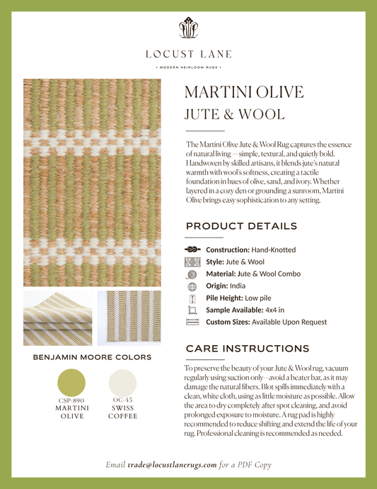 Martini Olive Jute & Wool rug designer specification sheet featuring product details, Benjamin Moore color palette, care instructions, and close-up images of the handcrafted jute and wool rug.