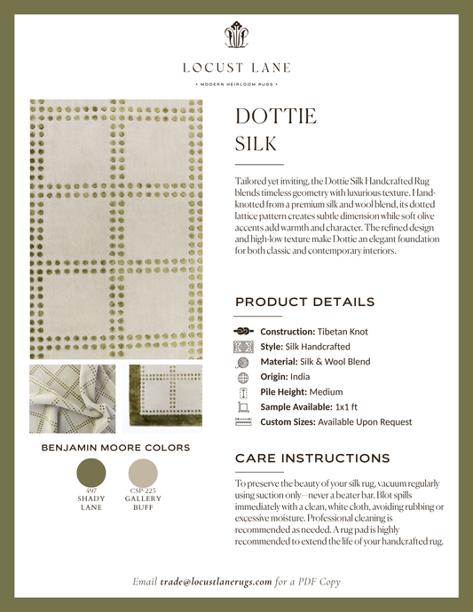 Dottie Silk rug designer specification sheet featuring product details, Benjamin Moore color palette, care instructions, and close-up images of the handcrafted silk and wool rug.