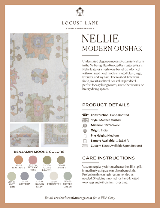 Nellie Modern Oushak rug designer specification sheet featuring product details, Benjamin Moore color palette, care instructions, and close-up images of the handcrafted wool rug.