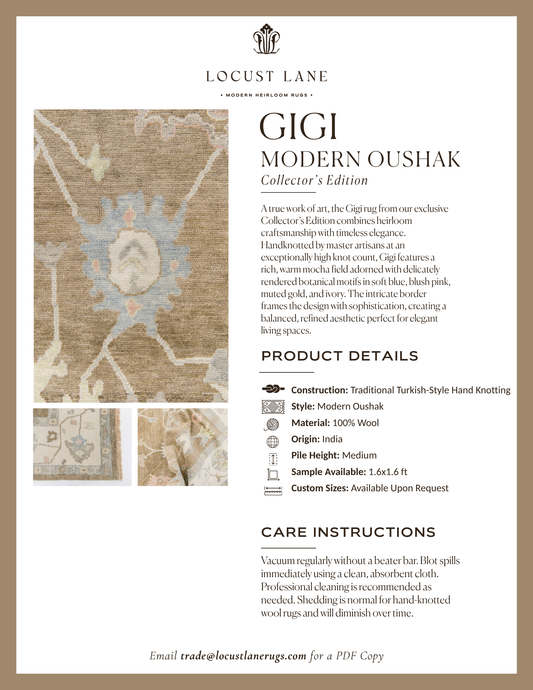 Gigi Modern Oushak Collector's Edition rug designer specification sheet featuring product details, care instructions, and close-up images of the handcrafted wool rug.