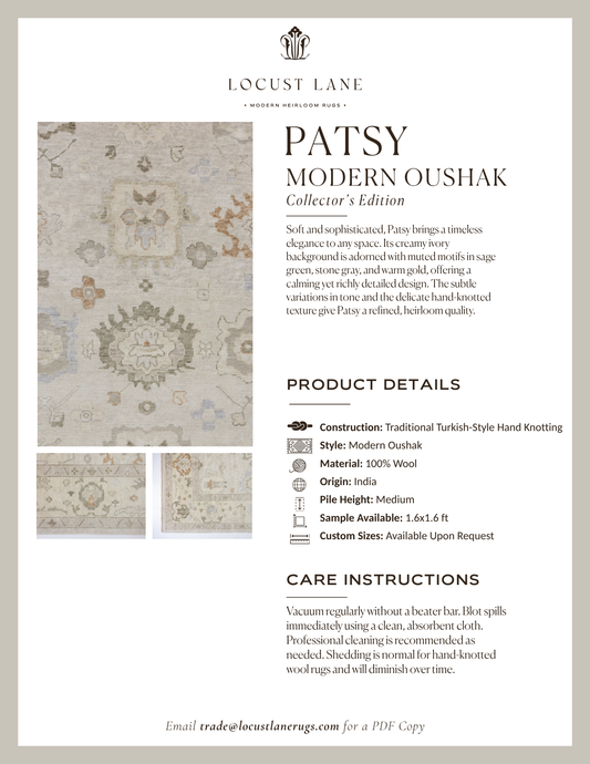 Patsy Modern Oushak Collector's Edition rug designer specification sheet featuring product details, care instructions, and close-up images of the handcrafted wool rug.
