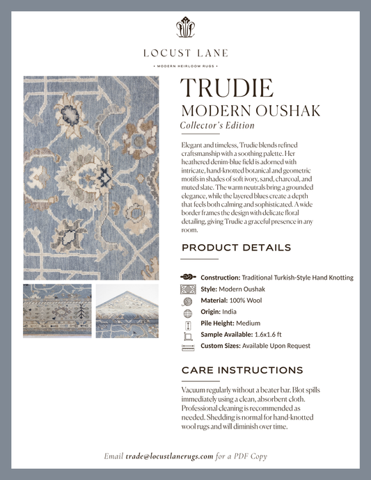 Trudie Modern Oushak Collector's Edition rug designer specification sheet featuring product details, care instructions, and close-up images of the handcrafted wool rug.