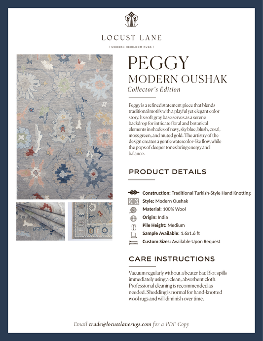 Peggy Modern Oushak Collector's Edition rug designer specification sheet featuring product details, care instructions, and close-up images of the handcrafted wool rug.