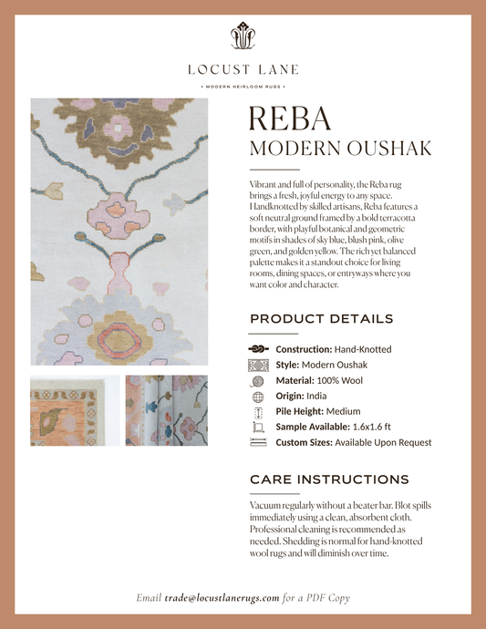 Reba Modern Oushak rug designer specification sheet featuring product details, care instructions, Benjamin Moore color palette, and close-up images of the hand-knotted wool rug.
