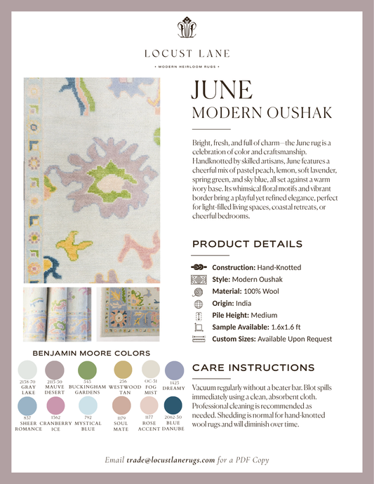June Modern Oushak rug designer specification sheet featuring product details, Benjamin Moore color palette, care instructions, and close-up images of the handcrafted wool rug.