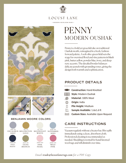 Penny Modern Oushak rug designer specification sheet featuring product details, Benjamin Moore color palette, care instructions, and close-up images of the handcrafted wool rug.