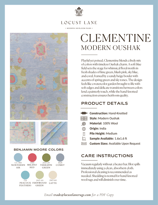Clementine Modern Oushak rug designer specification sheet featuring product details, Benjamin Moore color palette, care instructions, and close-up images of the handcrafted wool rug.