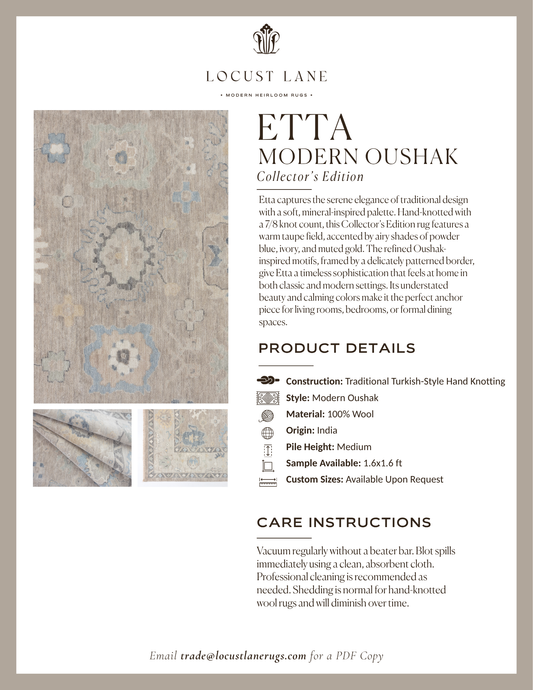 Etta Modern Oushak Collector's Edition rug designer specification sheet featuring product details, care instructions, and close-up images of the handcrafted wool rug.