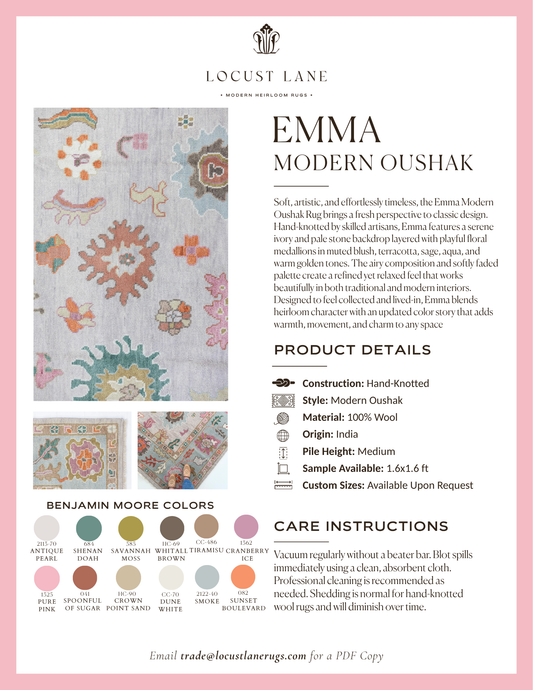 Emma Modern Oushak rug designer specification sheet featuring product details, Benjamin Moore color palette, care instructions, and close-up images of the handcrafted wool rug.