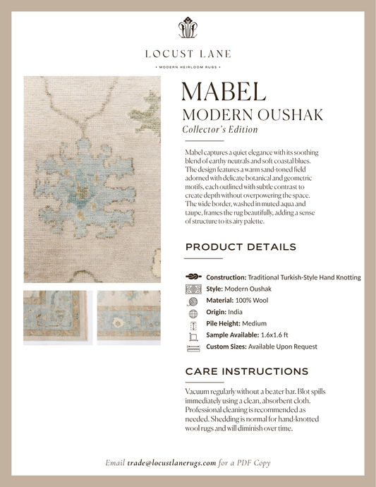 Mabel Modern Oushak Collector's Edition rug designer specification sheet featuring product details, care instructions, and close-up images of the handcrafted wool rug.