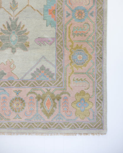 Corner detail of the Anabel hand-knotted modern Oushak wool rug