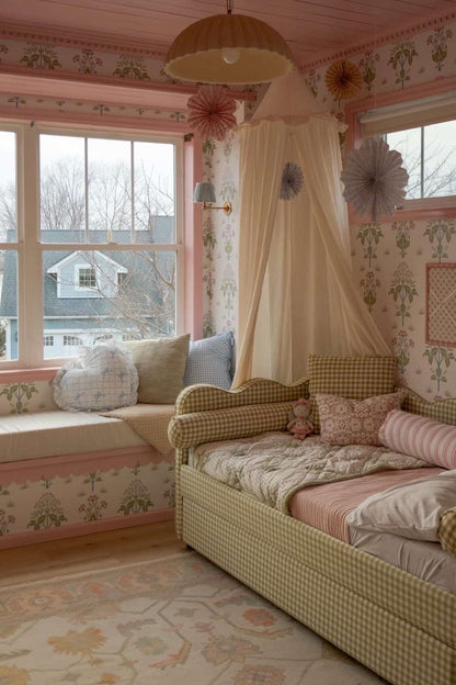 Anabel  hand-knotted modern Oushak rug styled in a child's bedroom