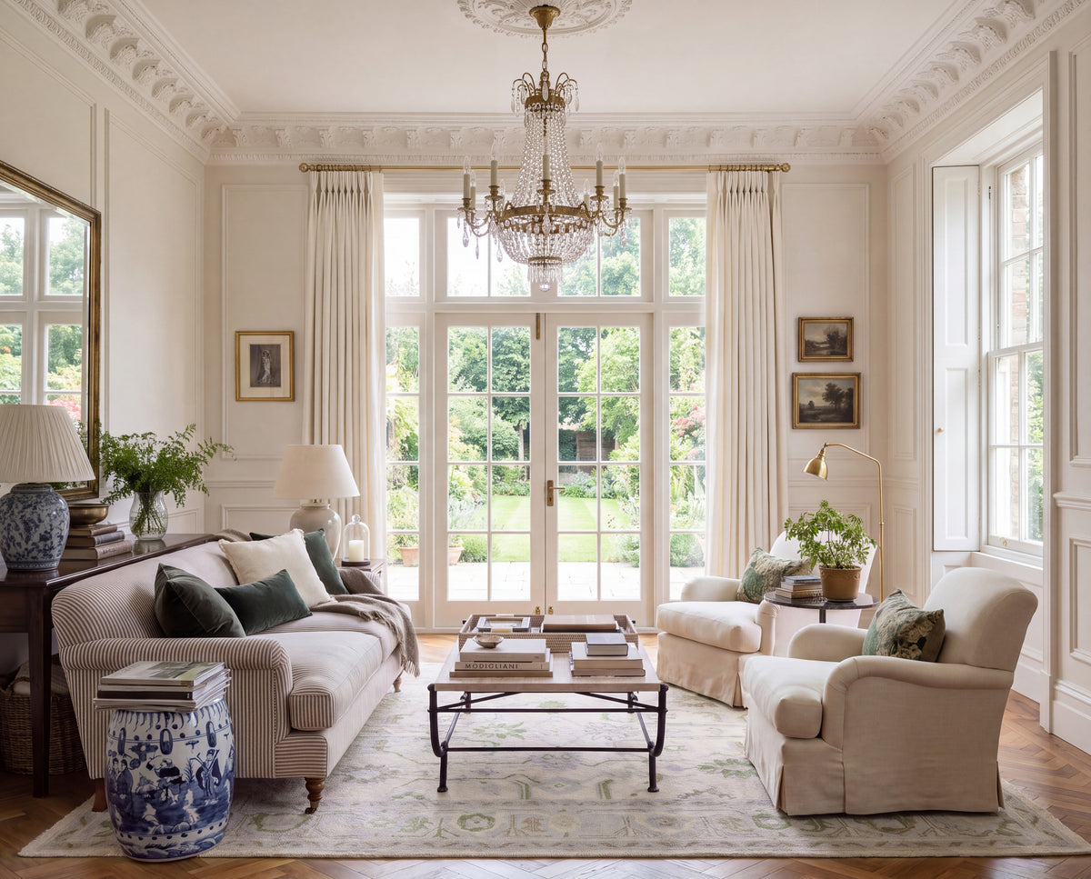 Fern floral Oushak area rug styled in a traditional living room with neutral sofas, elegant furnishings, and natural light.