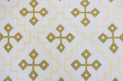 Butter Yellow Cross Flatweave Dhurrie Rug with golden yellow geometric pattern on ivory