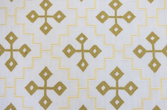 Butter Yellow Cross Flatweave Dhurrie Rug with golden yellow geometric pattern on ivory